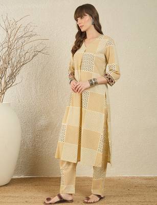 Beige printed cotton kurta trouser set 3