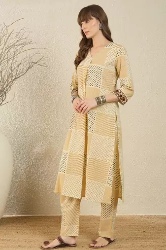 Beige printed cotton kurta trouser set