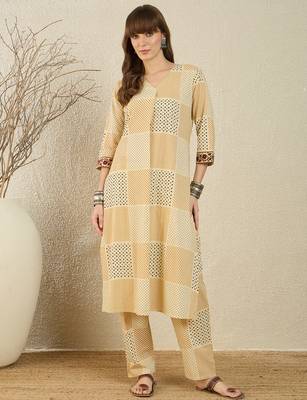 Beige printed cotton kurta trouser set 4