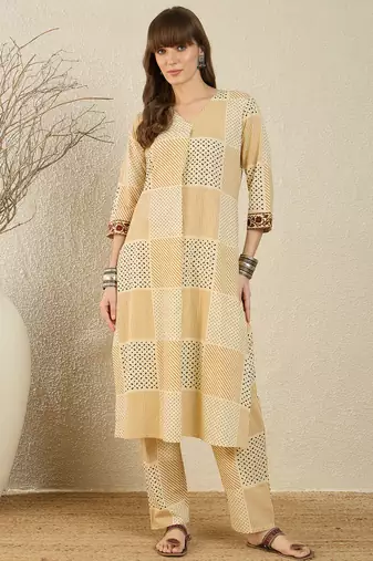 Beige printed cotton kurta trouser set