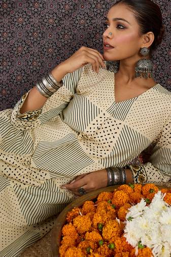 Beige printed cotton kurta trouser set