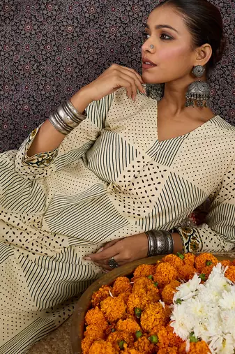 Beige printed cotton kurta trouser set