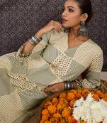 Beige printed cotton kurta trouser set