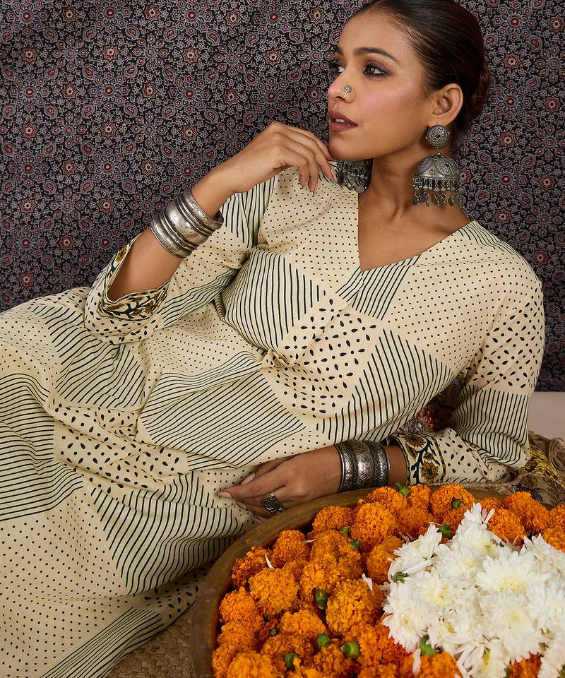 Beige printed cotton kurta trouser set