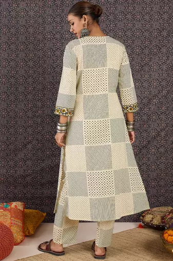 Beige printed cotton kurta trouser set