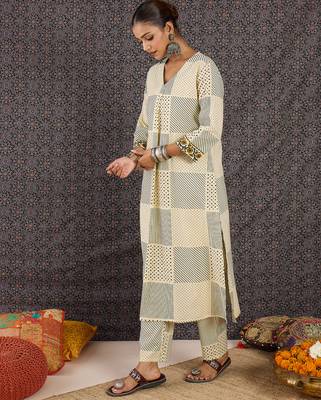 Beige printed cotton kurta trouser set 3