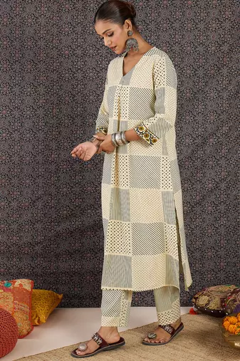 Beige printed cotton kurta trouser set
