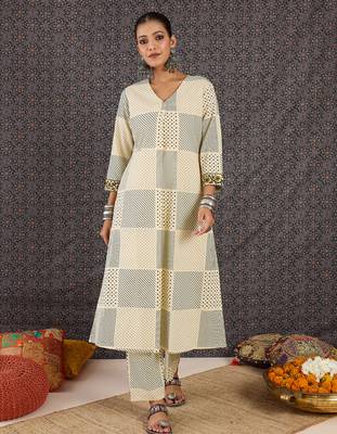 Beige printed cotton kurta trouser set 4