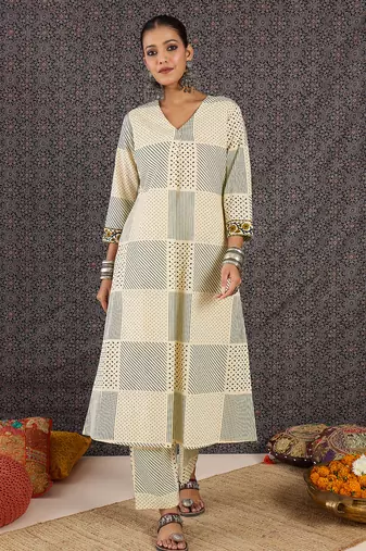 Beige printed cotton kurta trouser set