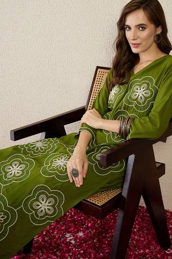 Green embroidered viscose rayon kurta trouser set