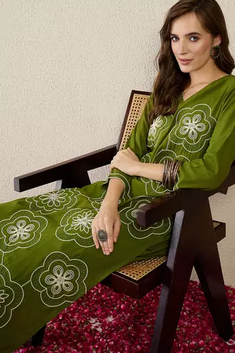 Green embroidered viscose rayon kurta trouser set