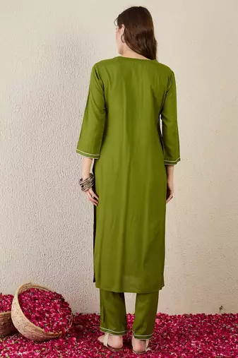 Green embroidered viscose rayon kurta trouser set