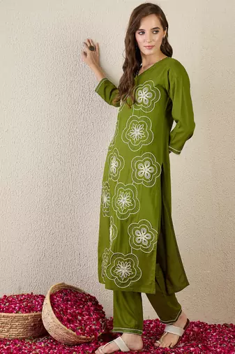 Green embroidered viscose rayon kurta trouser set