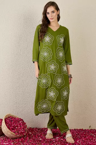 Green embroidered viscose rayon kurta trouser set