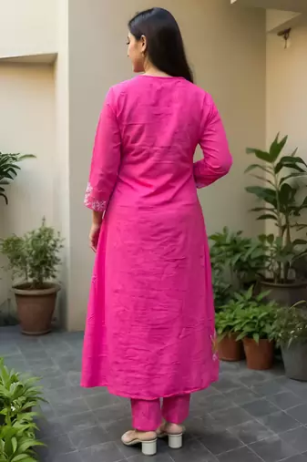 Pink embroidered cotton kurta trouser set