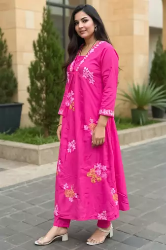 Pink embroidered cotton kurta trouser set