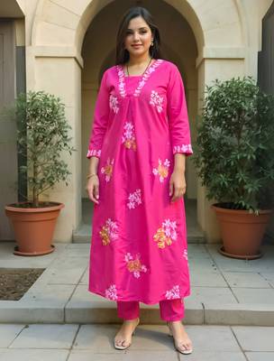Pink embroidered cotton kurta trouser set 4