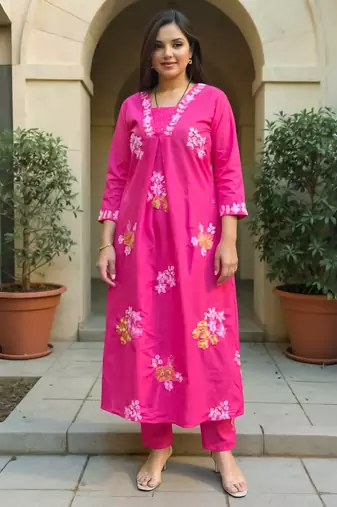 Pink embroidered cotton kurta trouser set