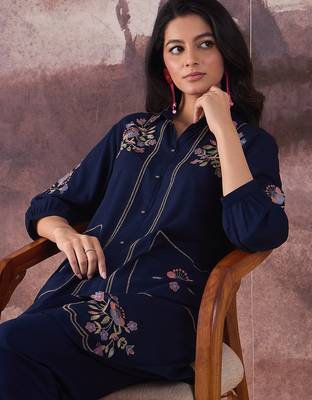 Navy blue embroidered cotton kurta trouser set 1