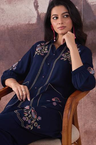 Navy blue embroidered cotton kurta trouser set