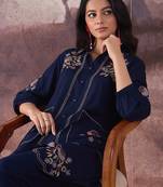 Navy blue embroidered cotton kurta trouser set
