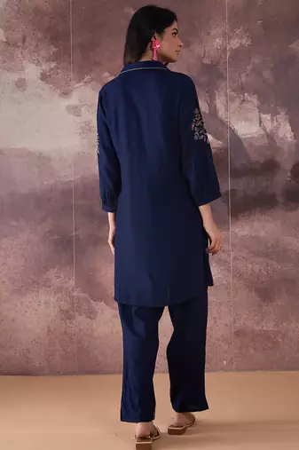 Navy blue embroidered cotton kurta trouser set