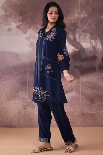 Navy blue embroidered cotton kurta trouser set