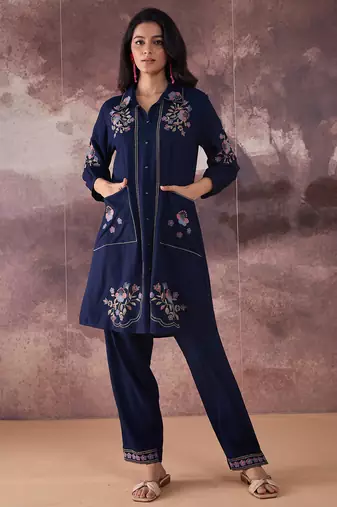 Navy blue embroidered cotton kurta trouser set