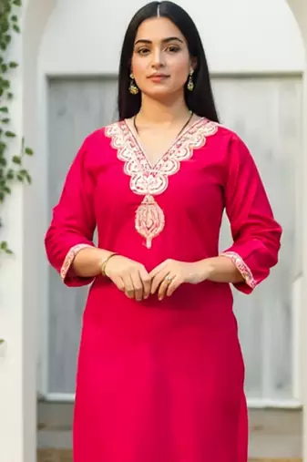 Red embroidered liva kurta trouser set