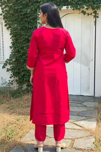 Red embroidered liva kurta trouser set