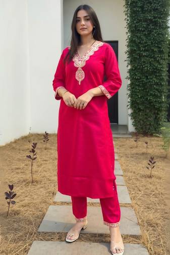 Red embroidered liva kurta trouser set