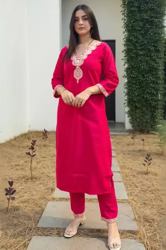 Red embroidered liva kurta trouser set