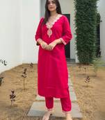 Red embroidered liva kurta trouser set