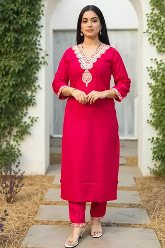 Red embroidered liva kurta trouser set