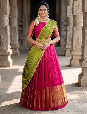 South Indian Style Semi-Stitched Half Saree with Blouse and Dupatta 1