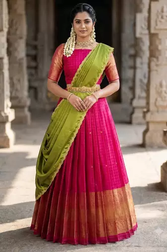 South Indian Style Semi-Stitched Half Saree with Blouse and Dupatta