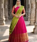 South Indian Style Semi-Stitched Half Saree with Blouse and Dupatta