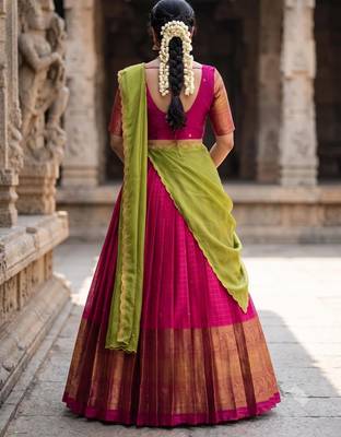 South Indian Style Semi-Stitched Half Saree with Blouse and Dupatta 2