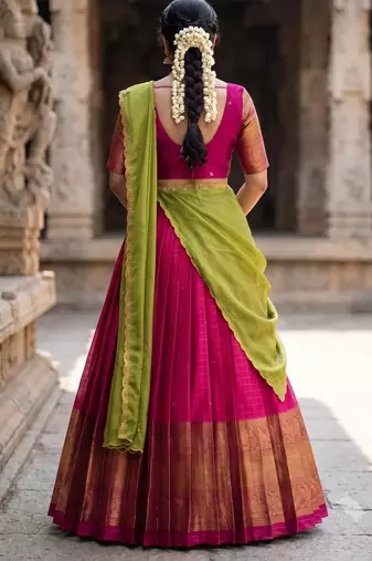 South Indian Style Semi-Stitched Half Saree with Blouse and Dupatta