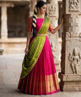 South Indian Style Semi-Stitched Half Saree with Blouse and Dupatta 3