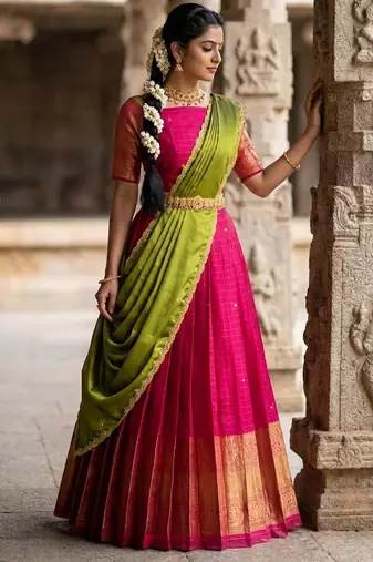 South Indian Style Semi-Stitched Half Saree with Blouse and Dupatta