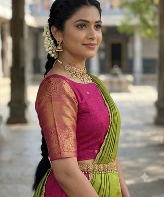 South Indian Style Semi-Stitched Half Saree with Blouse and Dupatta 4