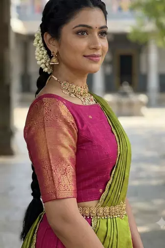 South Indian Style Semi-Stitched Half Saree with Blouse and Dupatta