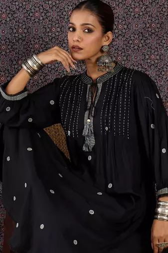 Black embroidered viscose rayon kurta trouser set