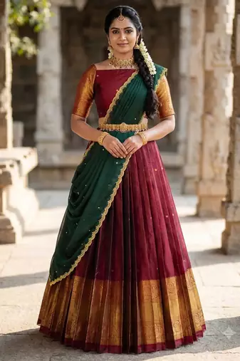South Indian Style Semi-Stitched Half Saree with Blouse and Dupatta