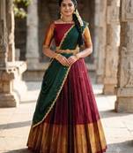 South Indian Style Semi-Stitched Half Saree with Blouse and Dupatta