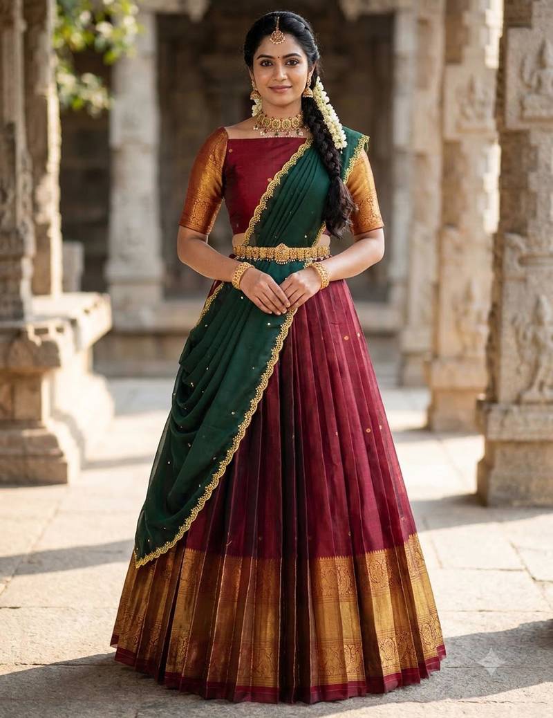 South Indian Style Semi-Stitched Half Saree with Blouse and Dupatta