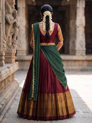 South Indian Style Semi-Stitched Half Saree with Blouse and Dupatta 2