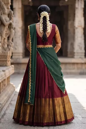South Indian Style Semi-Stitched Half Saree with Blouse and Dupatta