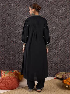 Black embroidered viscose rayon kurta trouser set 3